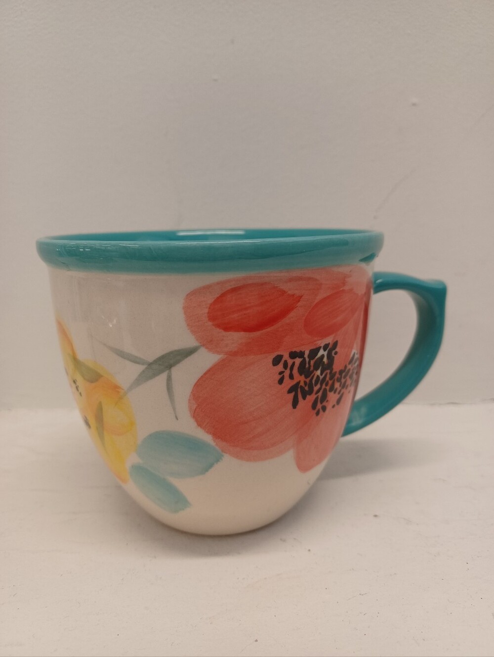 Pioneer Woman Ceramic Vintage Bloom Floral Teal Coffee Mug Cottage Farmhouse
